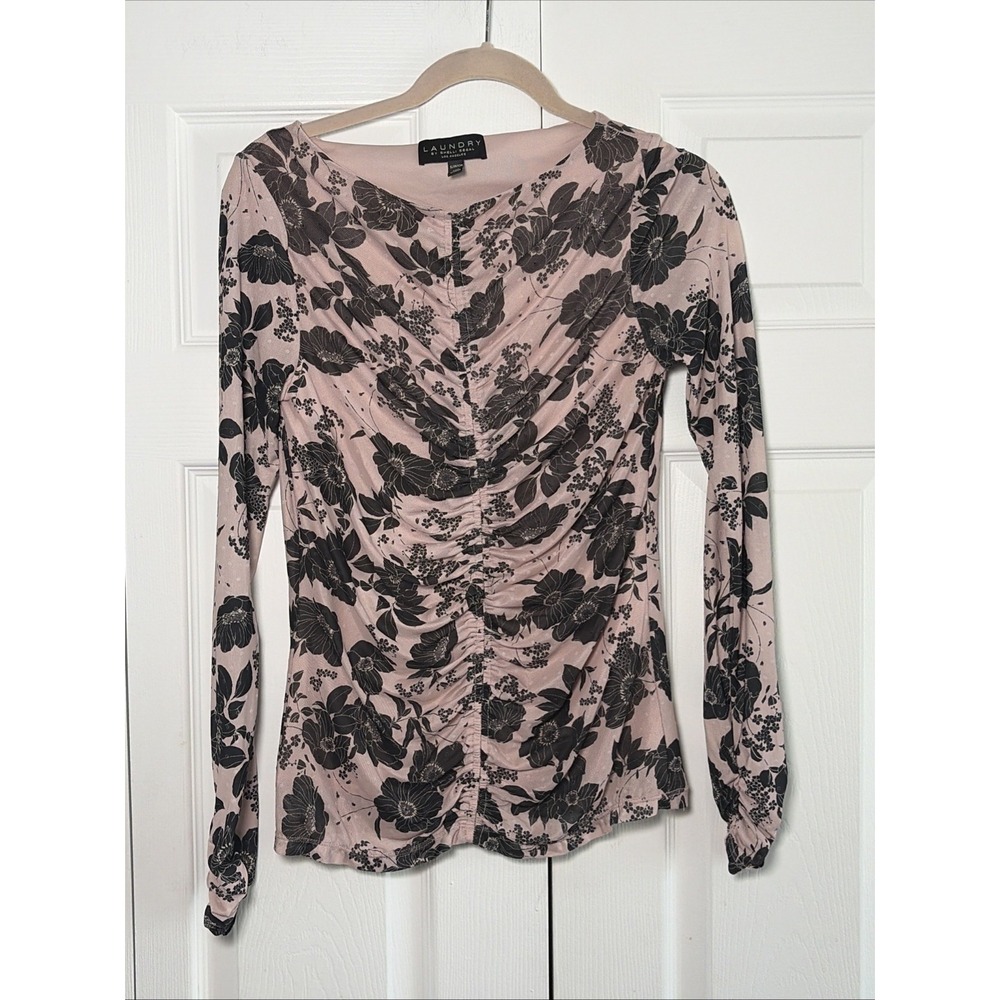Laundry by Shelli Segal Ruched Mesh Top Womens Size S Pink Black Floral Y2K